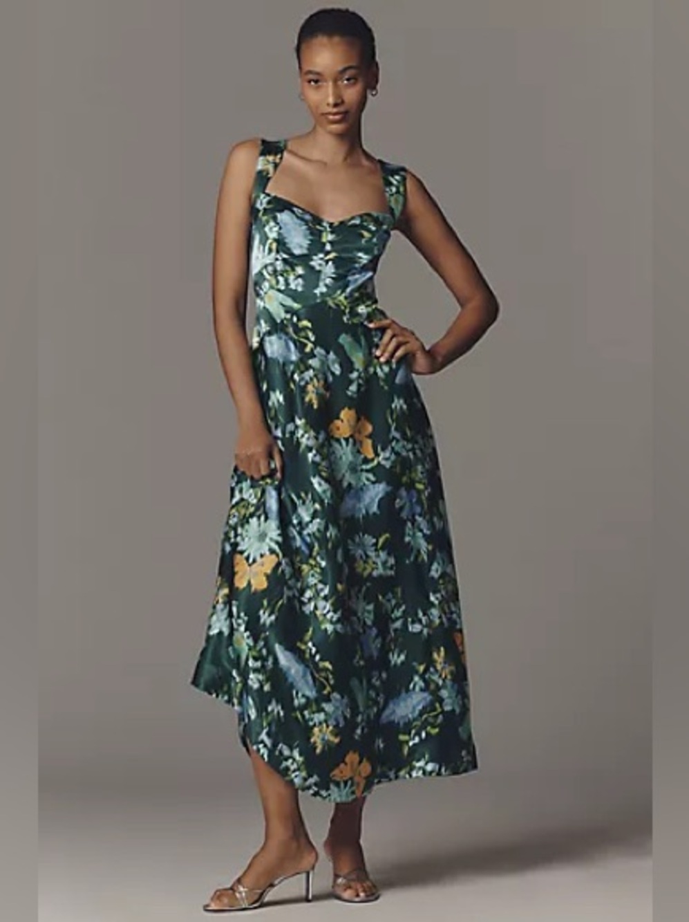 Anthropologie Maeve Green Floral Corset Satin Midi Dress NWOT